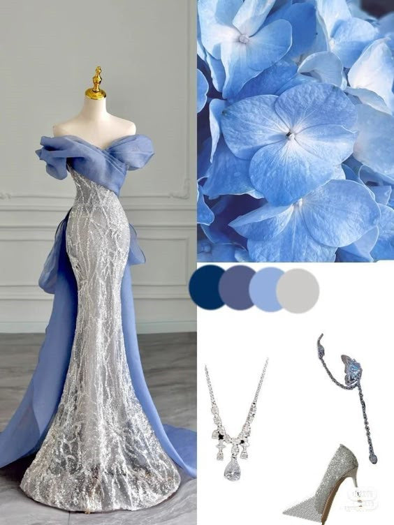 Elegant Mermaid Off The Shoulder Blue Sequin Prom Dresses With Bow Long Evening Dress HZ1024