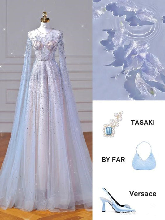Elegant A line Jewel Sequin Prom Dresses With Beads Long Evening Dress HZ1024