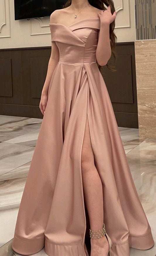 Elegant A line Off The Shoulder Dusty Pink Prom Dresses With Ruffle Long Slit Evening Dress HZ1024