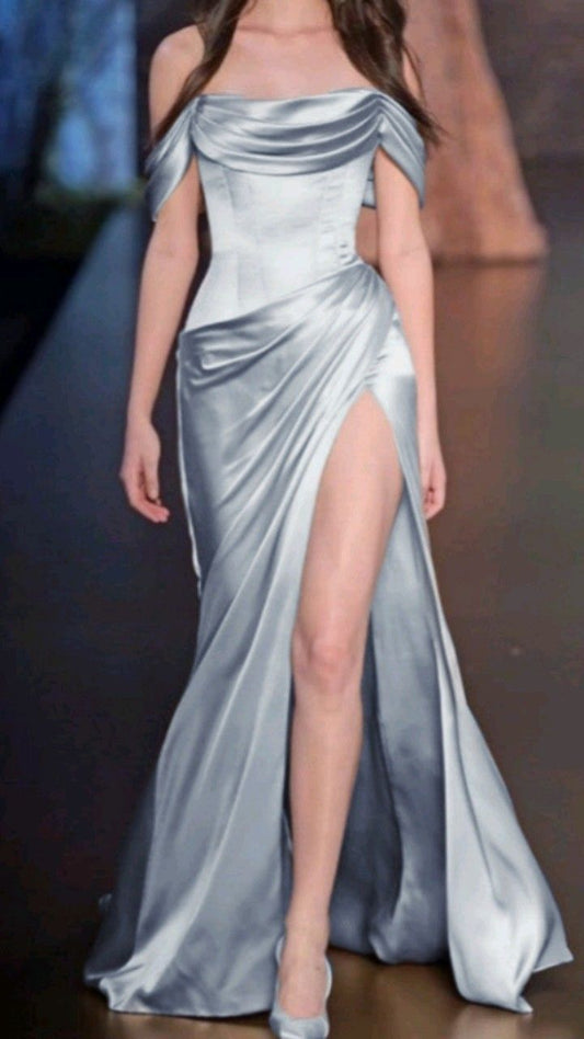 Pretty A line Off The Shoulder Light Blue Satin Prom Dresses With Ruffle Long Evening Dress HZ1024