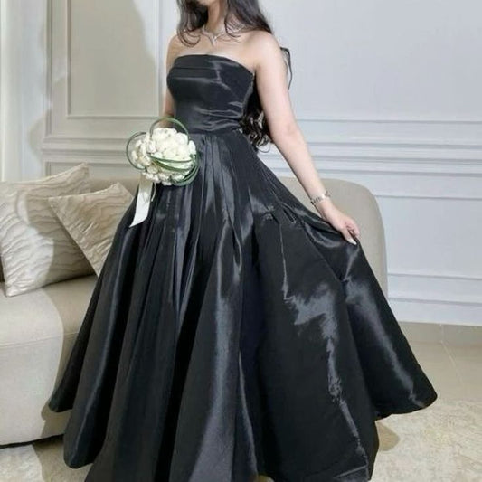 Modest Ball Gown Strapless Black Satin Long Prom Dresses With Ruffles Evening Dress HZ1024