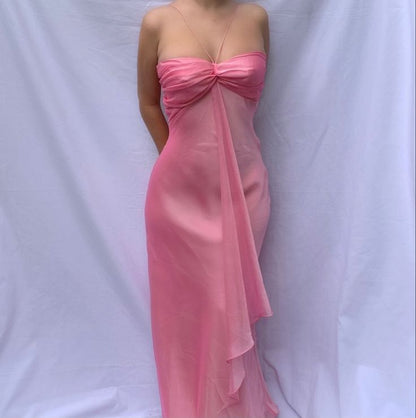 Pretty A line Halter Sleeveless Pink Chiffon Prom Dresses Long Evening Dress HZ1024