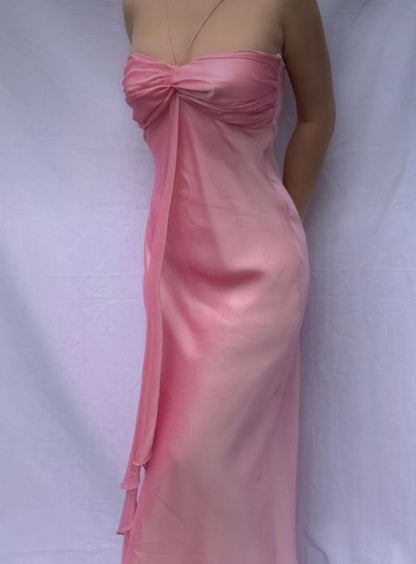 Pretty A line Halter Sleeveless Pink Chiffon Prom Dresses Long Evening Dress HZ1024