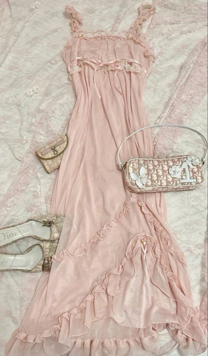 Pretty A line Spaghetti Straps Sleeveless Pink Lace Prom Dresses Long Evening Dress HZ1024