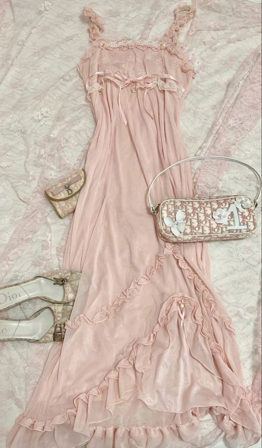 Pretty A line Spaghetti Straps Sleeveless Pink Lace Prom Dresses Long Evening Dress HZ1024