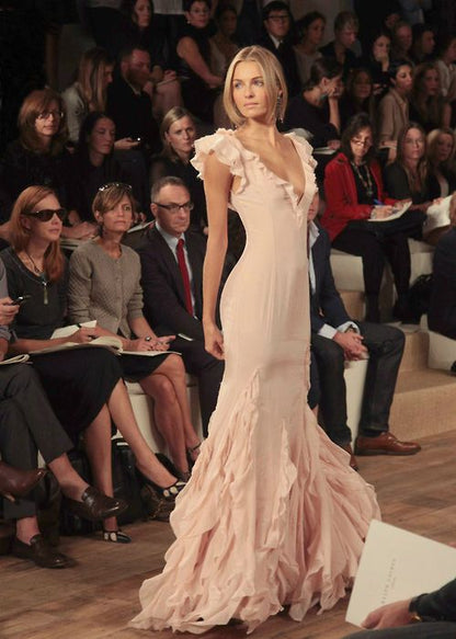 Pretty Mermaid V neckline Long Chiffon Prom Dresses Evening Dress HZ1024