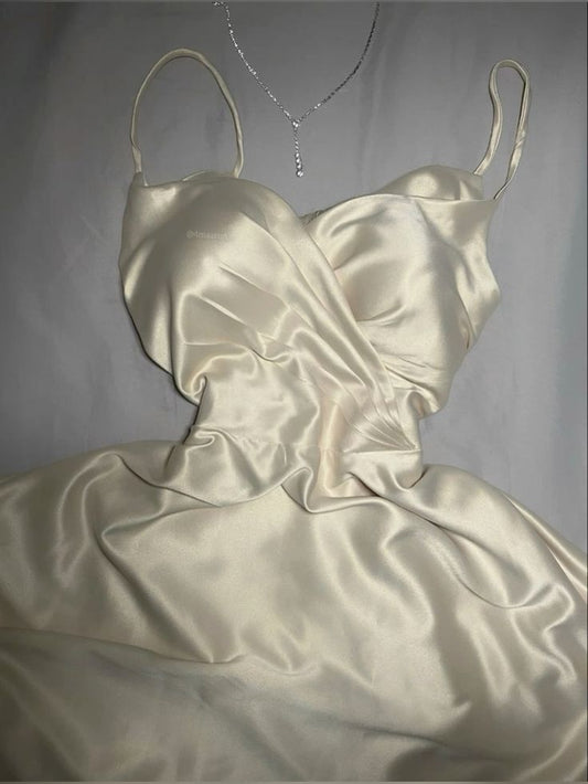 Pretty A Line Spaghetti Straps Ivory Silk Satin Prom Dresses Long Evening Dress HZ1024