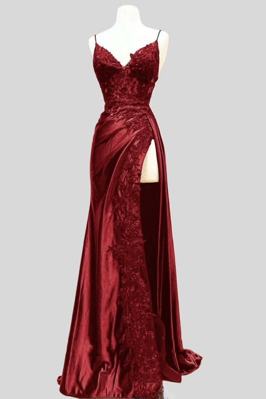 Pretty Sheath Straps Sleeveless Burgundy Long Slit Slit Prom Dresses Evening Dress With Lace HZ1024