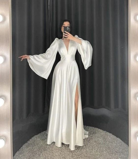 Fancy A Line V Neckline Long Sleeves White Satin Prom Dresses Evening Dress With Slit HZ1024