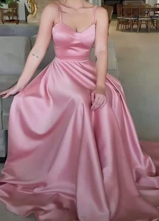 Simple A Line Spaghetti Straps Sleeveless Pink Satin Prom Dresses Long Evening Dress HZ1024