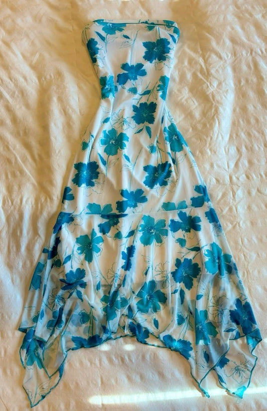 Gorgeous A Line Strapless Blue Long Floral Prom Dresses Evening Dress HZ1024