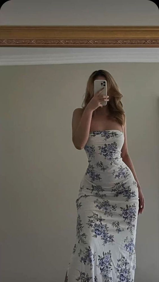 Elegant Sheath Strapless Long Blue Floral Prom Dresses Evening Dress HZ1024