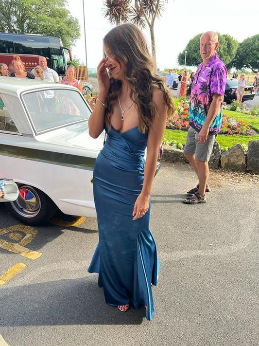 Elegant Mermaid Halter Long Blue Satin Prom Dresses Evening Dress HZ1024