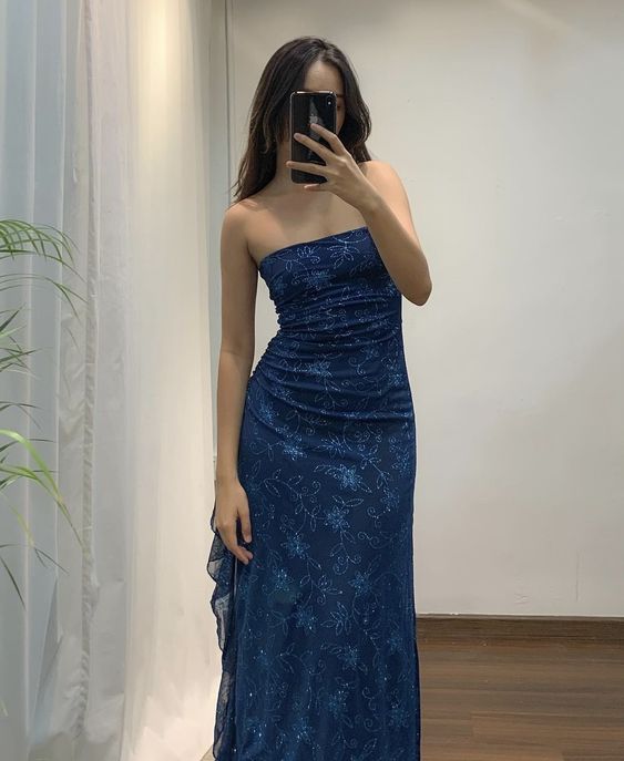 Elegant Sheath Strapless Navy Blue Long Prom Dresses Evening Gowns HZ1024