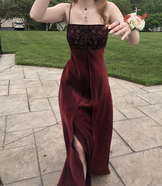 Elegant A line Spaghetti Straps Burgundy Long Slit Prom Dresses Evening Gowns HZ1024