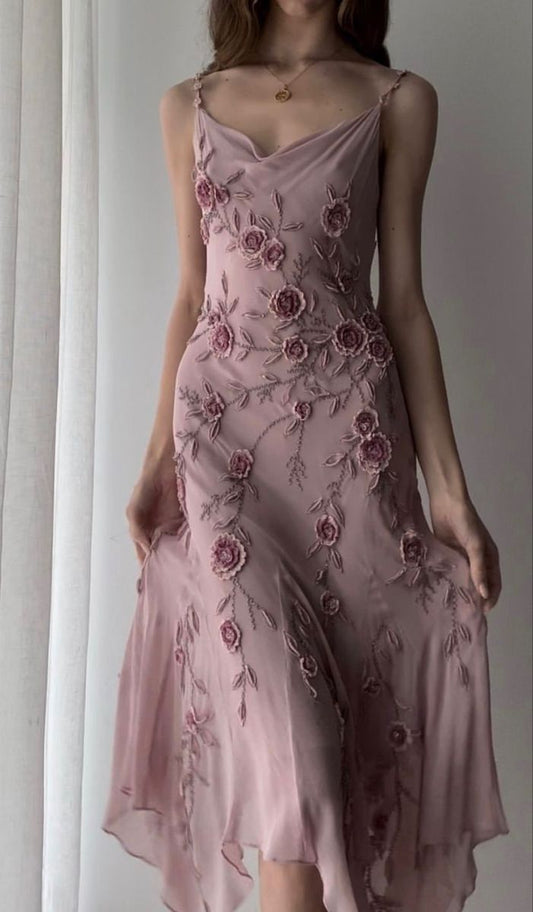 Elegant Irregular Spaghetti Straps Pink Chiffon Prom Dresses Evening Gowns With Beads HZ1024