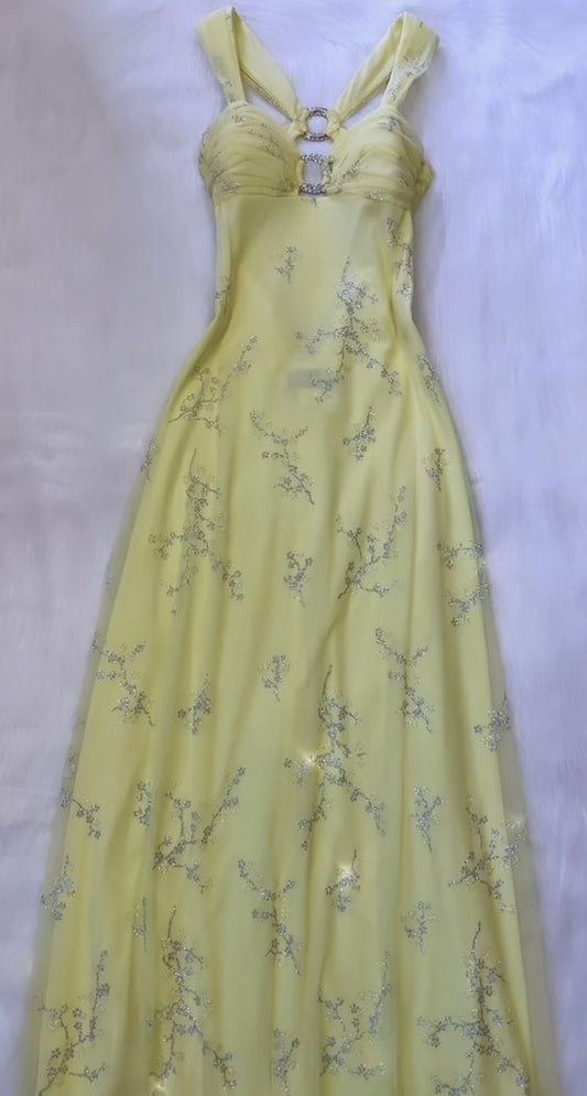 Gorgeous A line Straps Yellow Tulle Long Prom Dresses Evening Dress HZ1024