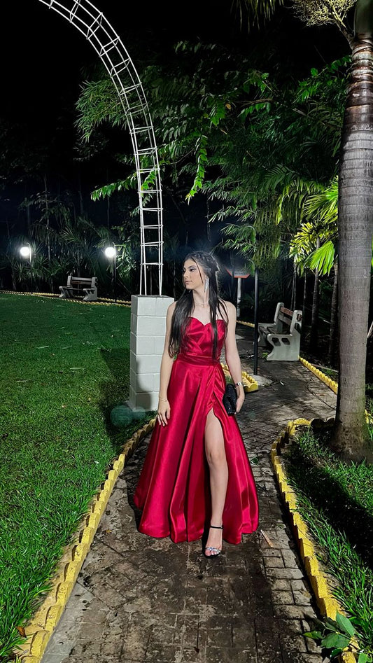 Modest A Line Sweetheart Red Satin Long Slit Prom Dresses Evening Dress HZ1024