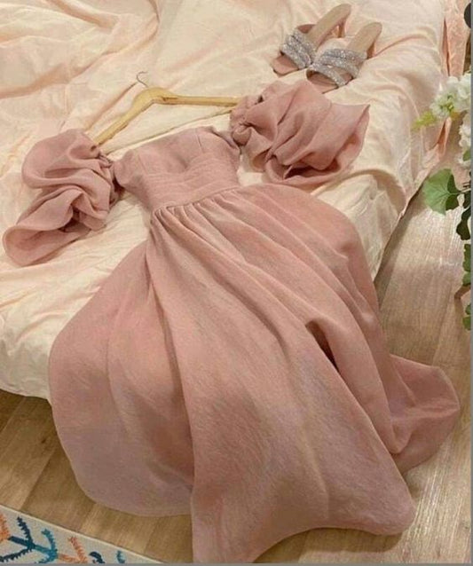 Modest A Line Off The Shoulder Pink Organza Long Prom Dresses Evening Dress HZ1024