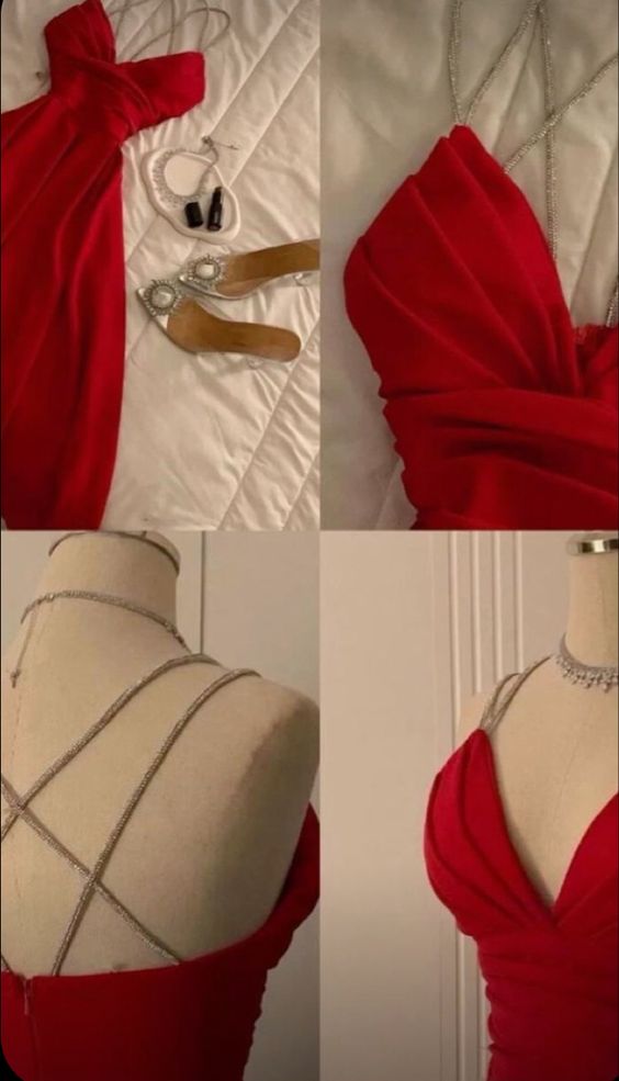 Modest A Line Spaghetti Straps Red Prom Dresses Evening Dress HZ1024
