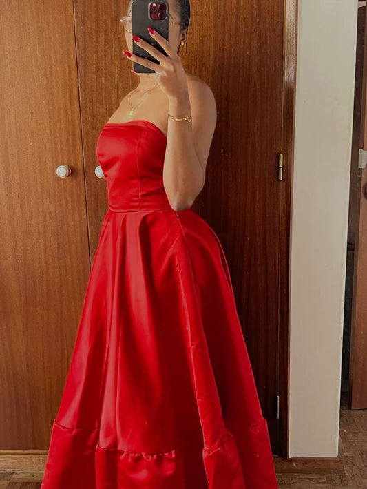 Vintage Ball Gown Strapless Red Tea Length Prom Dresses Evening Gowns HZ1024