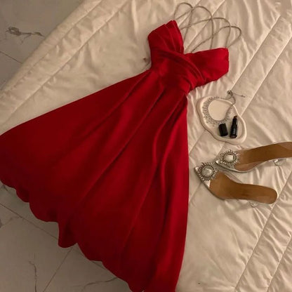Modest A Line Spaghetti Straps Red Prom Dresses Evening Dress HZ1024