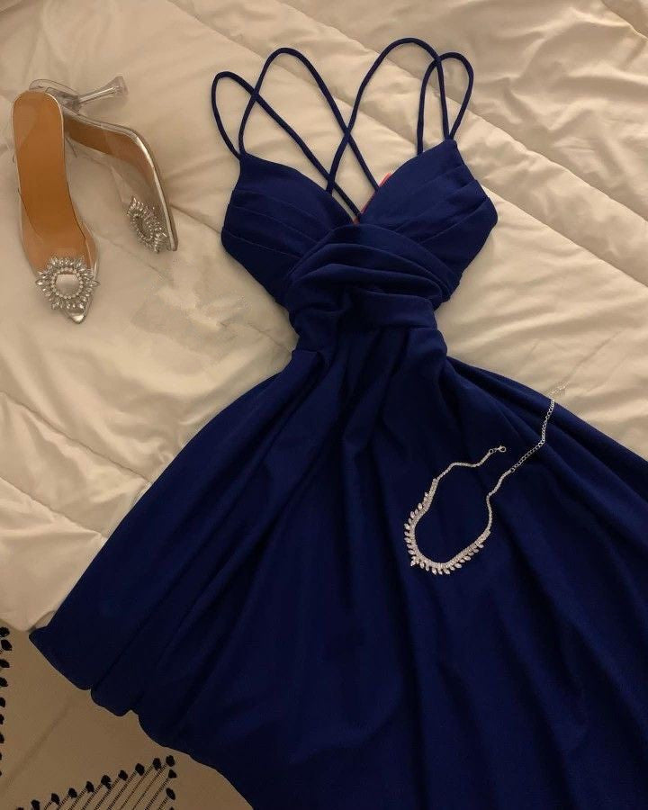 Modest A Line Spaghetti Straps Royal Blue Prom Dresses Evening Dress HZ1024