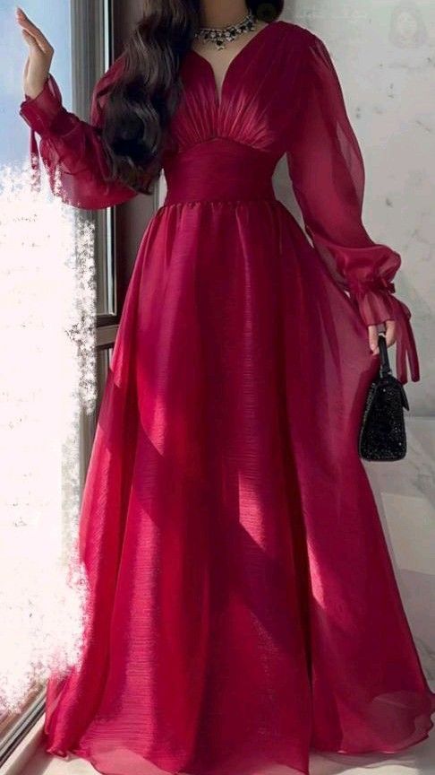 Modest A Line V Neckline Long Sleeves Hot Pink Tulle Long Prom Dresses Evening Dress HZ1024