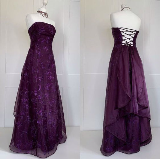 Vintage A Line Strapless Grape Lace Long Prom Dresses Evening Dress HZ1024