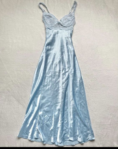 Vintage A line Spaghetti Straps Light Sky Blue Lace Long Prom Dresses Evening Dress HZ1024