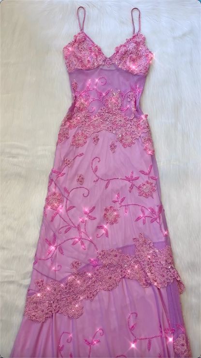 Vintage A Line Spaghetti Straps Pink Lace Floor Length Prom Dresses Beads Evening Dress HZ1024