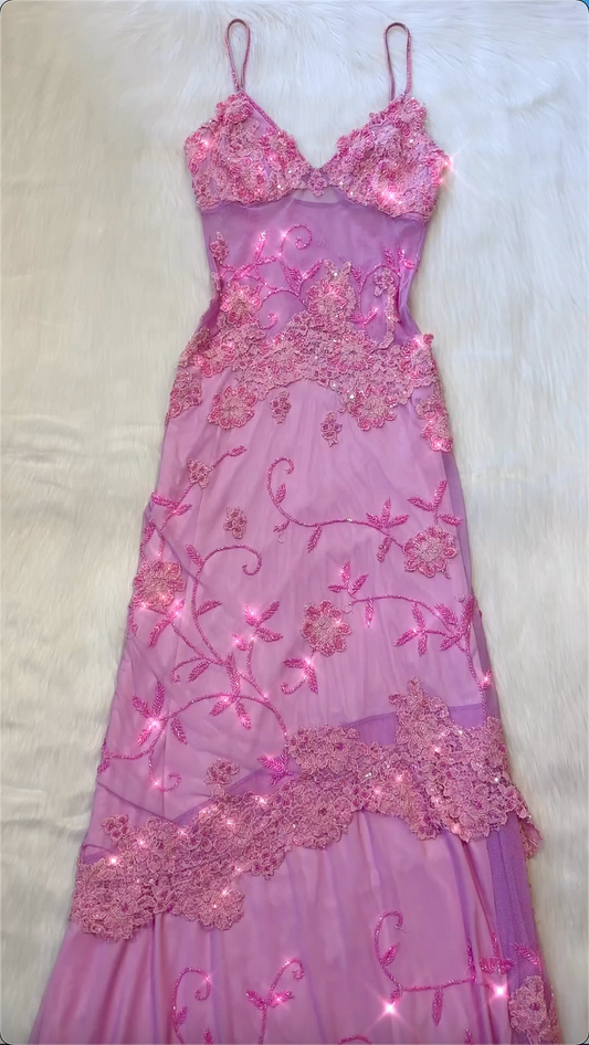 Vintage A Line Spaghetti Straps Pink Lace Floor Length Prom Dresses Beads Evening Dress HZ1024