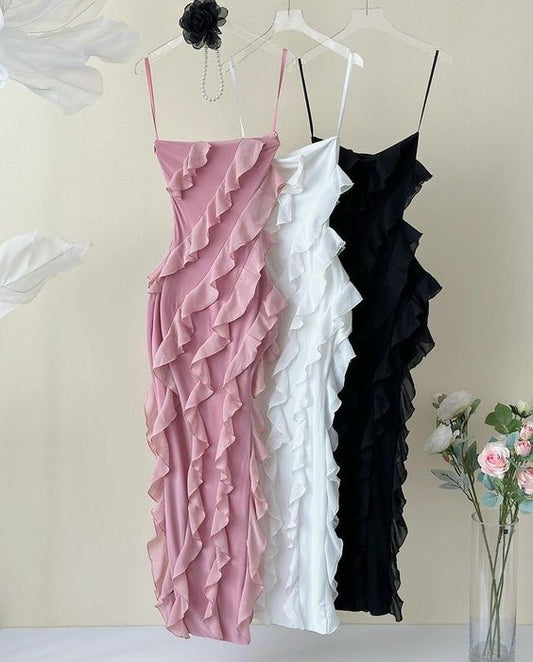 Vintage Sheath Spaghetti Straps Pink Chiffon Floor Length Prom Dresses Ruffles Evening Dress HZ1024