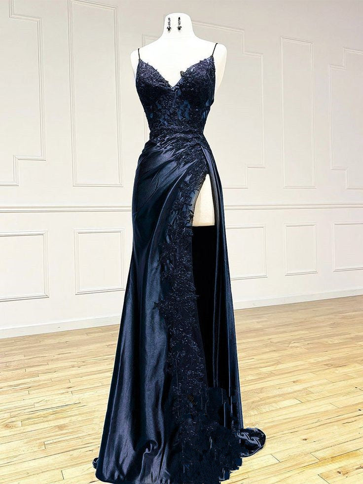 Dark Blue V Neck Satin Lace Long Prom Dress, Dark Blue Lace Long Evening Dress HZ1024