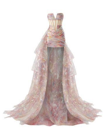 Elegant High Low Strapless Pink Floral Long Prom Dresses Evening Dress HZ1024