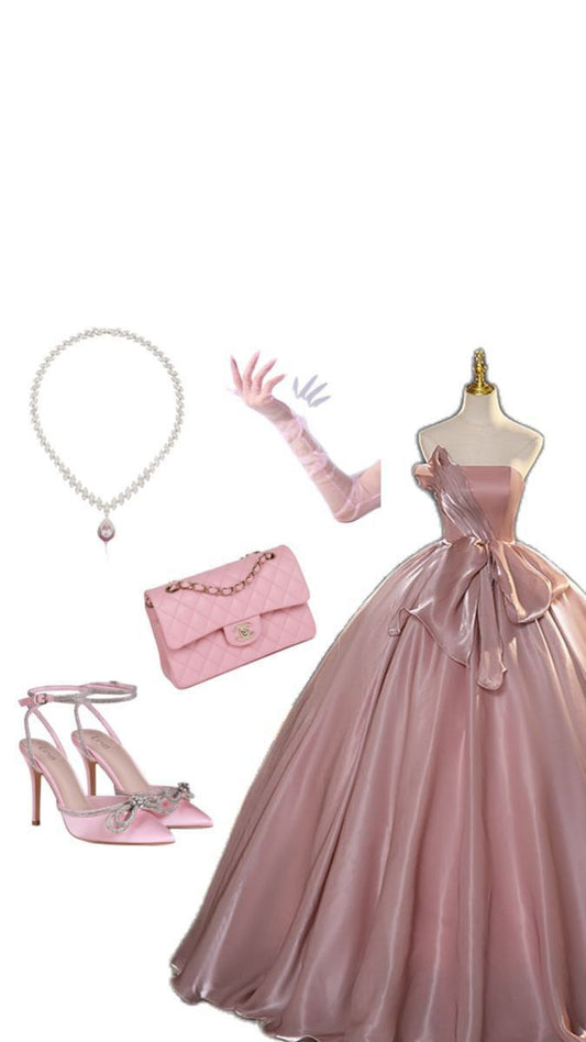 Elegant Ball Gown Strapless Pink Organza Long Prom Dresses Evening Dress HZ1024