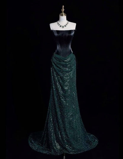 Elegant Mermaid Strapless Sequin Green Long Prom Dresses Evening Dress HZ1024