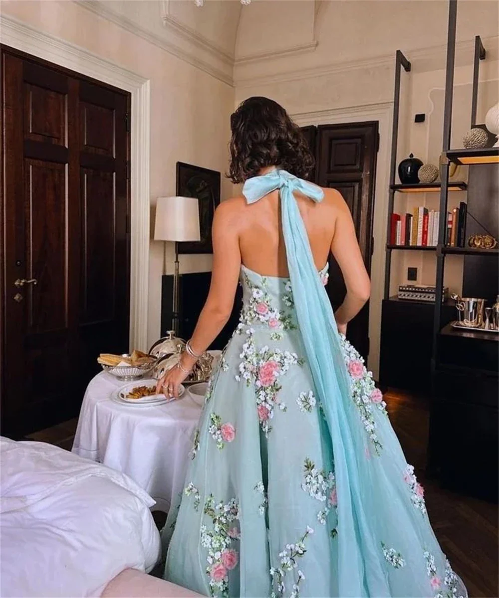 Classy Ball Gown Halter Light Blue Tulle Lace Prom Dresses Evening Dress HZ1024