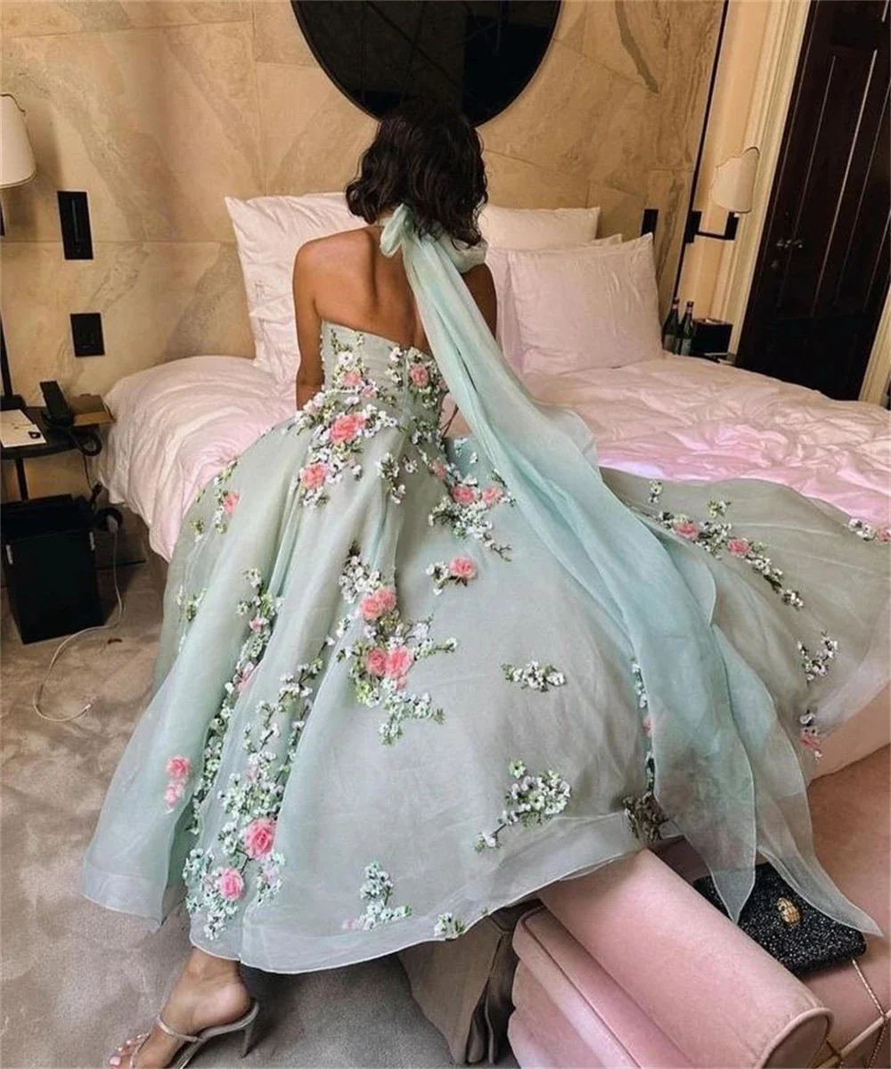Classy Ball Gown Halter Light Blue Tulle Lace Prom Dresses Evening Dress HZ1024