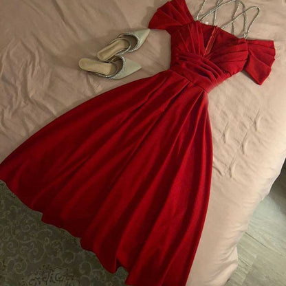 A-Line Off The Shoulder Pleated V-Neck Spaghetti Strap Prom Dresses Evening Dress HZ1024
