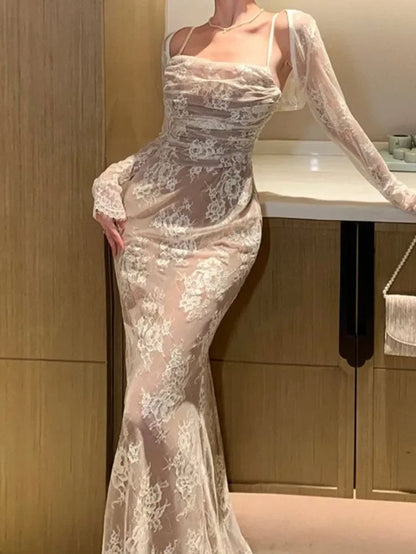 Elegant Bodycon Slim Lace Dress Vintage Casual Backless Bandage Party Dress Prom Dresses Evening Dress HZ1024