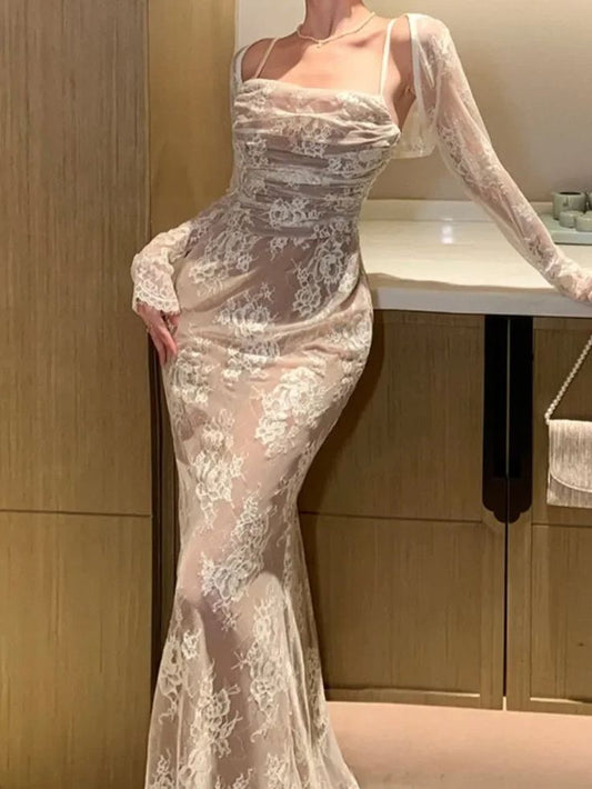 Elegant Bodycon Slim Lace Dress Vintage Casual Backless Bandage Party Dress Prom Dresses Evening Dress HZ1024