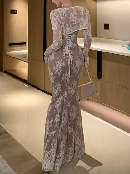 Elegant Bodycon Slim Lace Dress Vintage Casual Backless Bandage Party Dress Prom Dresses Evening Dress HZ1024