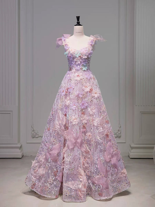 Elegant A line Square Neckline Sleeveless Floral Pink Tulle Party Dress Prom Dresses Evening Dress HZ1024