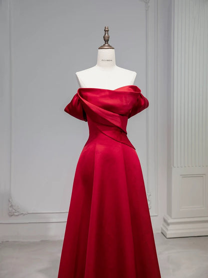 Elegant A line Off The Shoulder Red Satin Party Dress Prom Dresses Evening Dress HZ1024