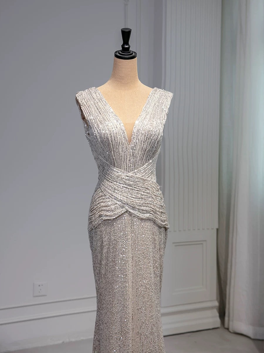 Elegant Mermaid V Neckline Sequin Party Dress Prom Dresses Evening Dress HZ1024