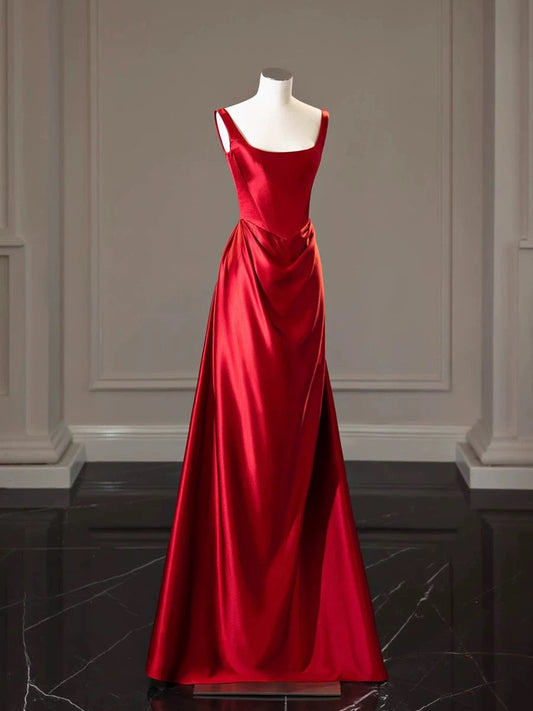 Simple A-line Square Neckline Satin Red Long Evening Dress Prom Dress HZ1024