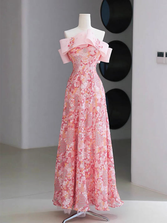 Fairy Style A-line Off Shoulder Strapless Pink Long Evening Dress Prom Dress HZ1024