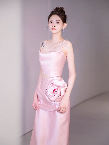 Simple A-line Spaghetti Straps Satin Pink Long Evening Dress Prom Dress HZ1024
