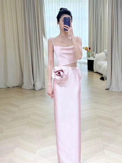 Simple A-line Spaghetti Straps Satin Pink Long Evening Dress Prom Dress HZ1024